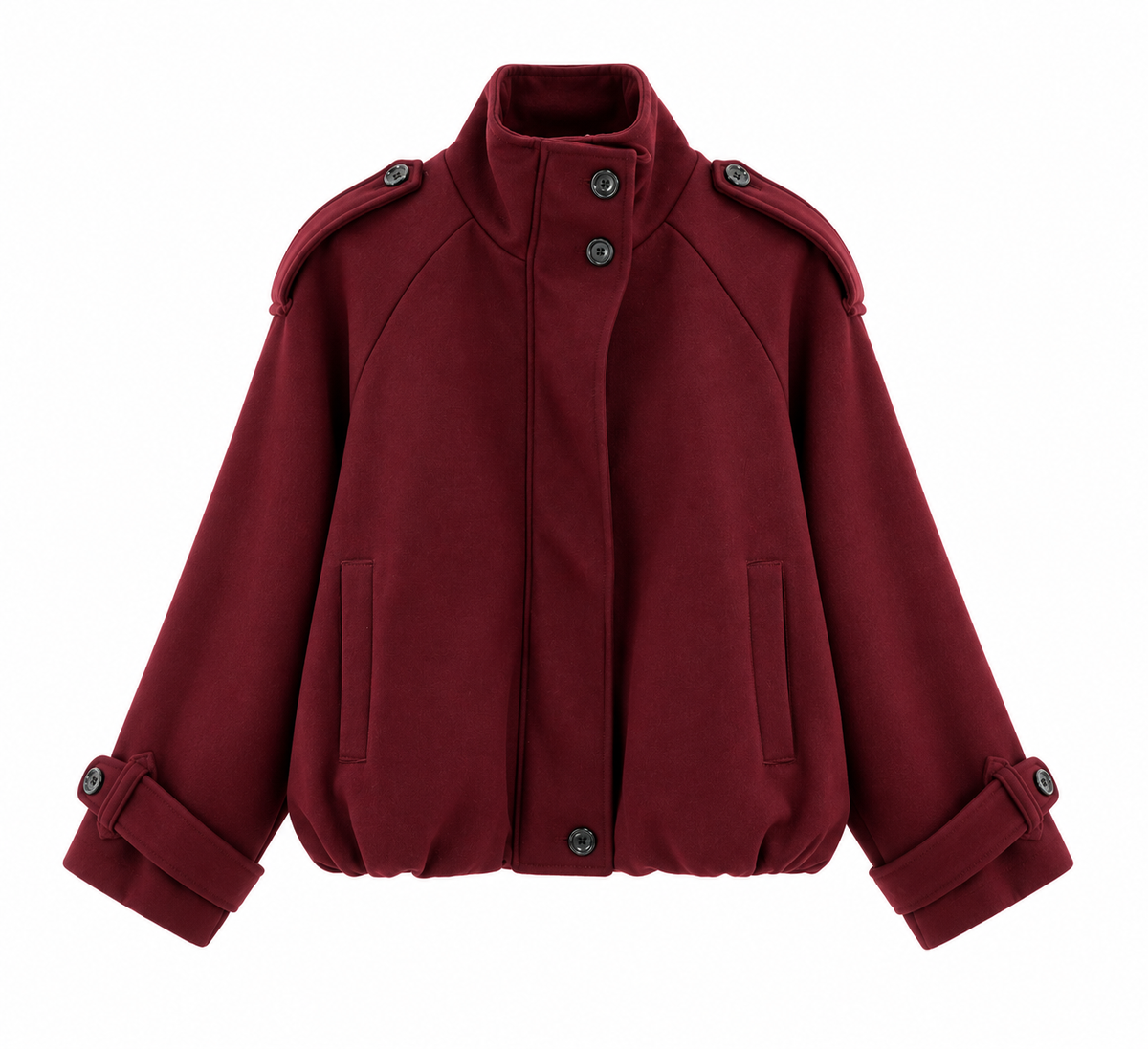 Chaquetón de paño burdeos para mujer, forrado y con botones