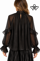 Camisa de gasa negra con volantes y manga larga