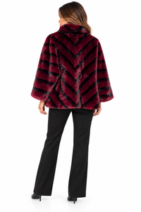 Chaqueta de pelo sintético burdeos y negro para mujer con cremallera