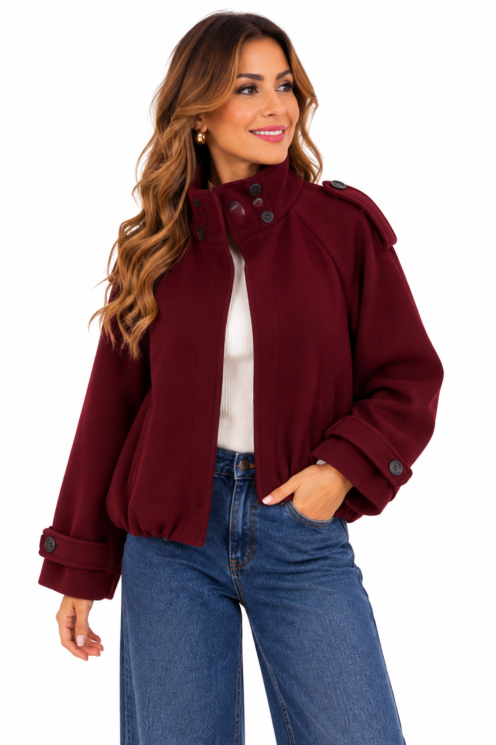 Chaquetón de paño burdeos para mujer, forrado y con botones
