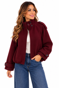 Chaquetón de paño burdeos para mujer, forrado y con botones