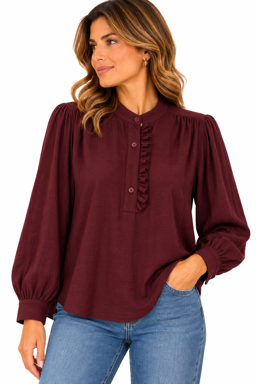 Camisa burdeos de mujer con cuello mao y volante delantero