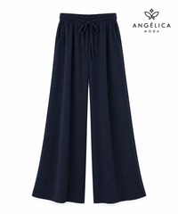 Conjunto de mujer azul marino de algodón con sudadera de cuadros y pantalón ancho