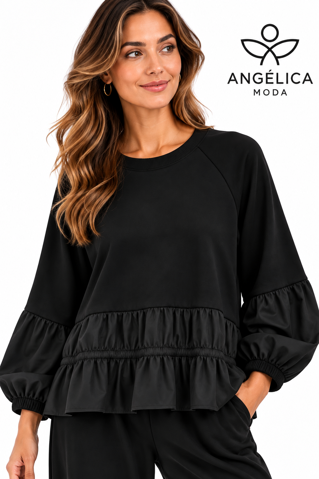 Conjunto de mujer negro de algodón con sudadera de volante y pantalón jogger