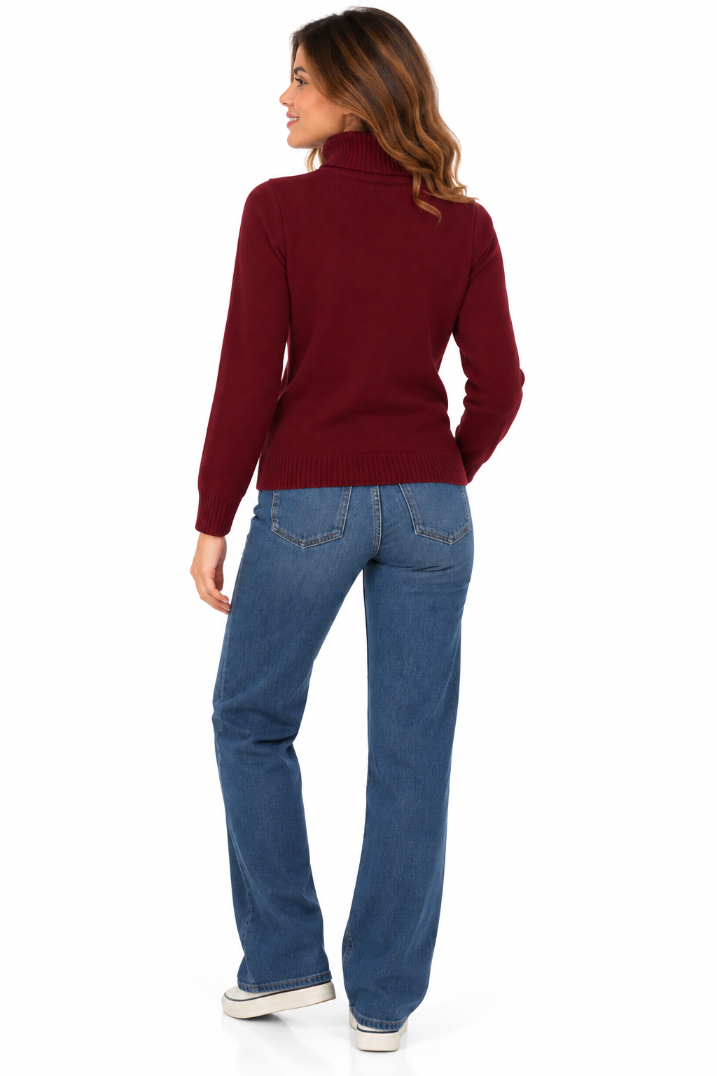 Jersey de punto burdeos para mujer con cuello alto vuelto