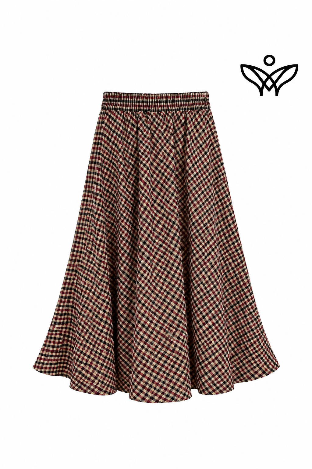 Falda midi de cuadros vichy burdeos y beige de lana con bolsillos