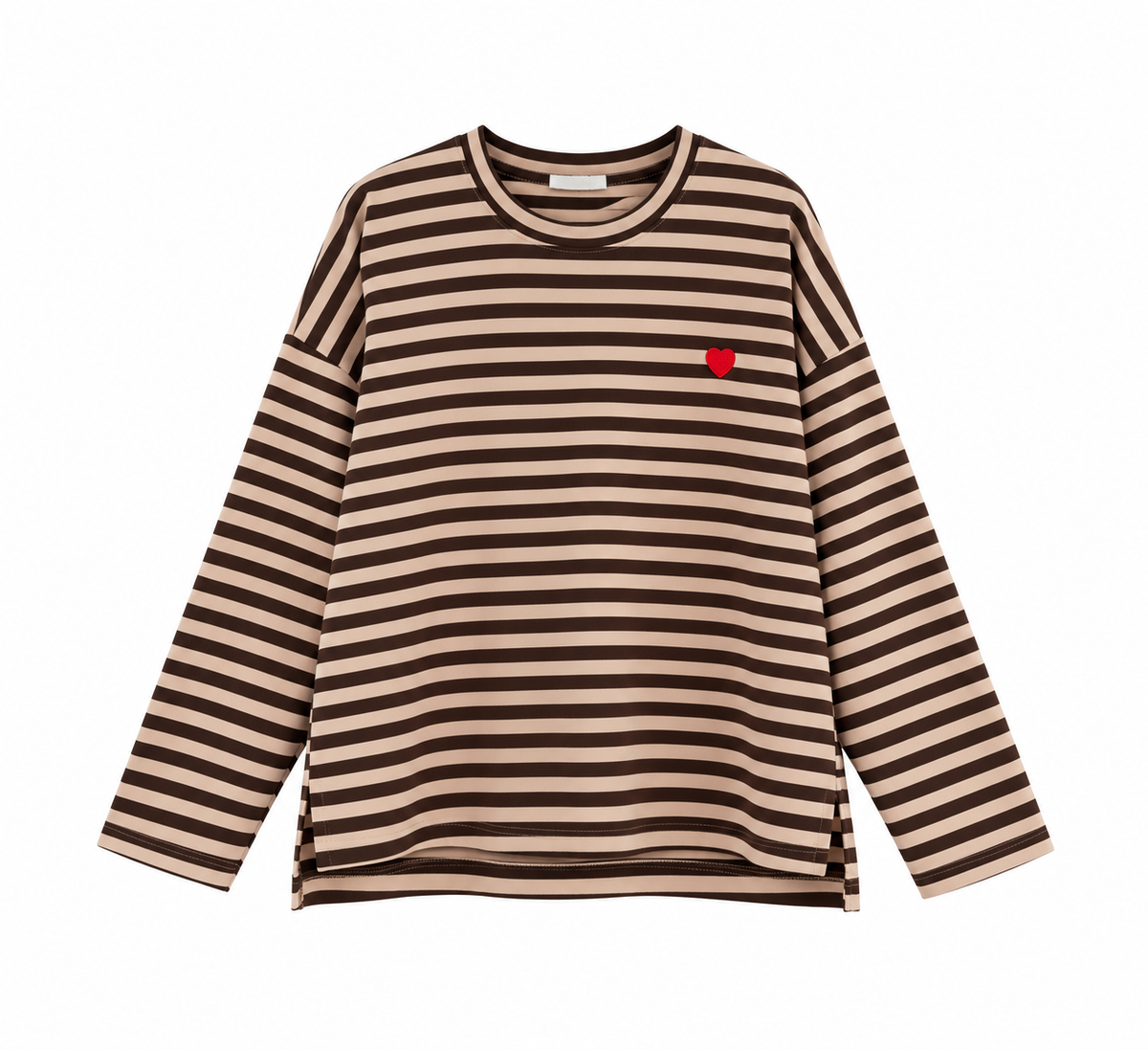 Sudadera de mujer a rayas beige y marrón chocolate con corazón rojo