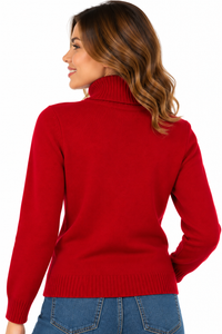 Jersey de punto rojo para mujer con cuello alto vuelto