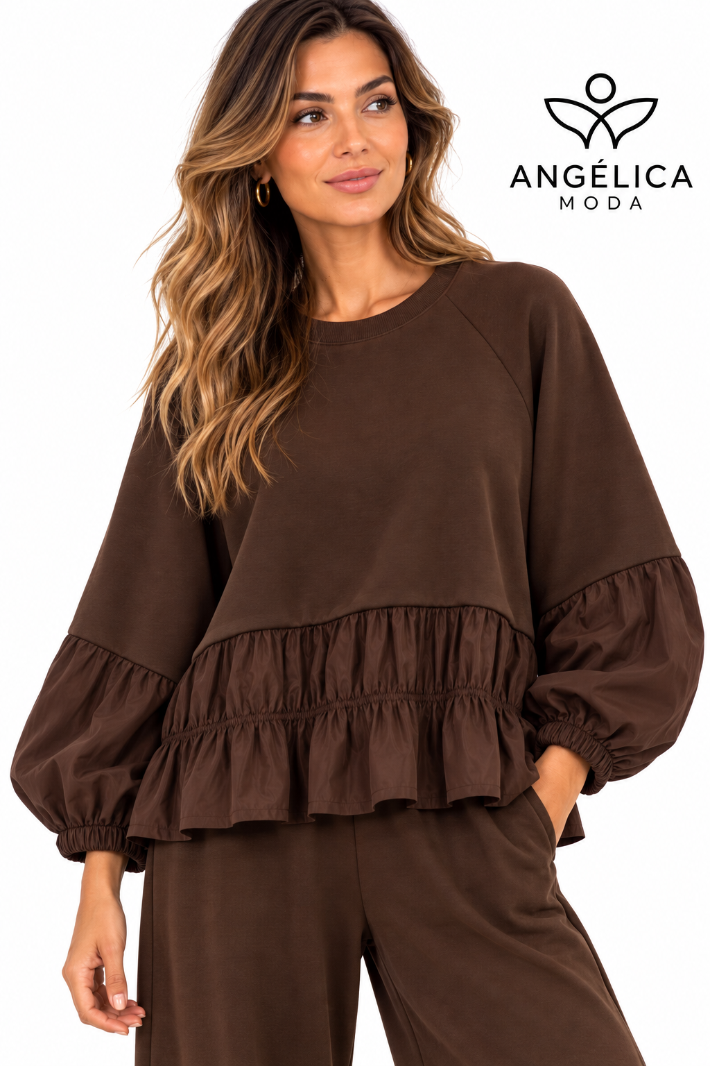 Conjunto de mujer marrón chocolate de algodón con sudadera de volante y pantalón jogger