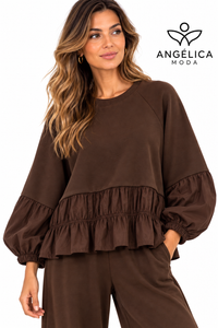 Conjunto de mujer marrón chocolate de algodón con sudadera de volante y pantalón jogger