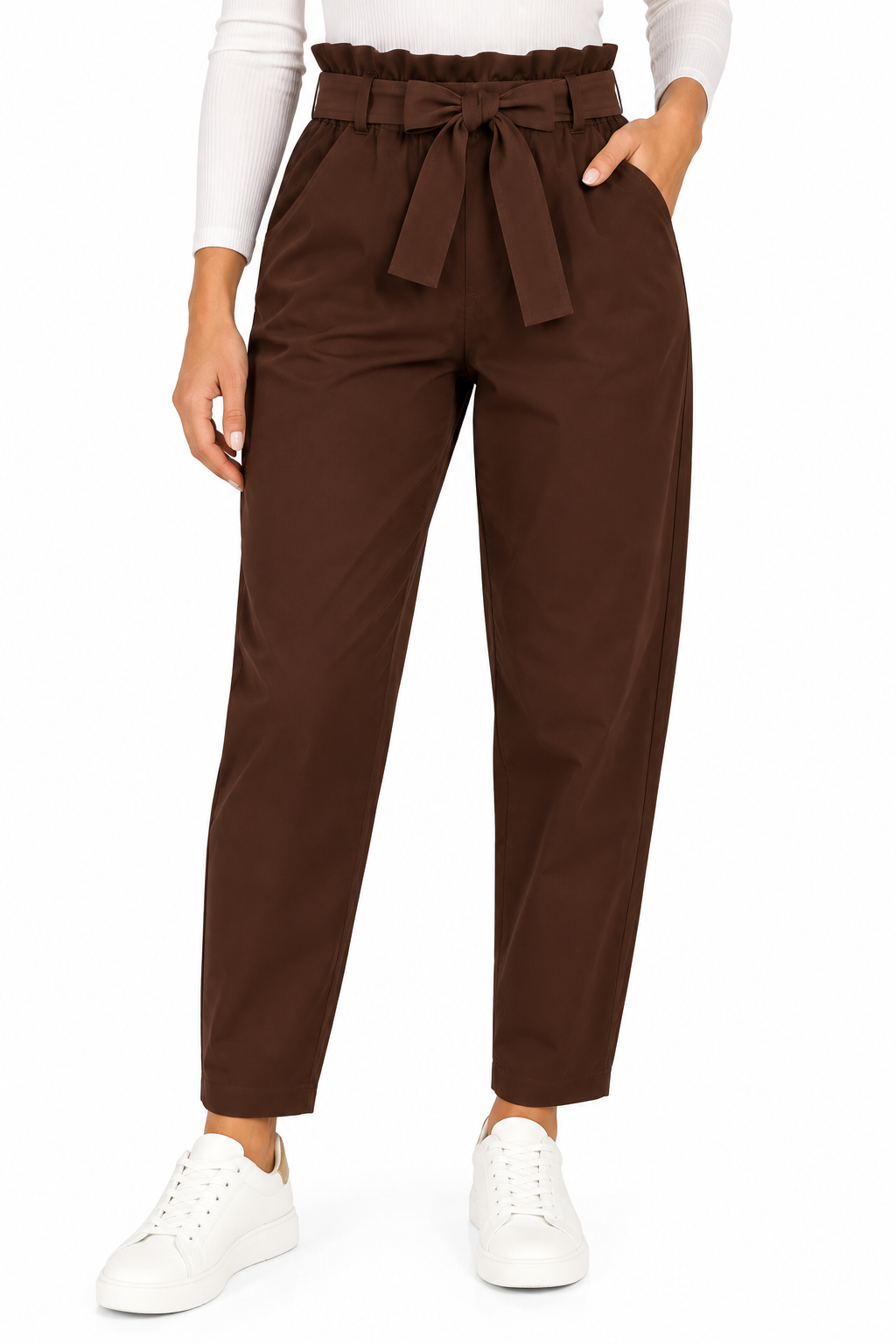 Pantalón pitillo marrón chocolate de mujer con cintura elástica y cinturón de lazo