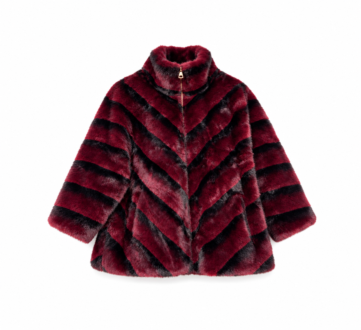 Chaqueta de pelo sintético burdeos y negro para mujer con cremallera