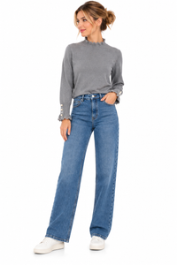 Pantalón Vaquero Recto de Mujer con Cintura Elástica Efecto Faja
