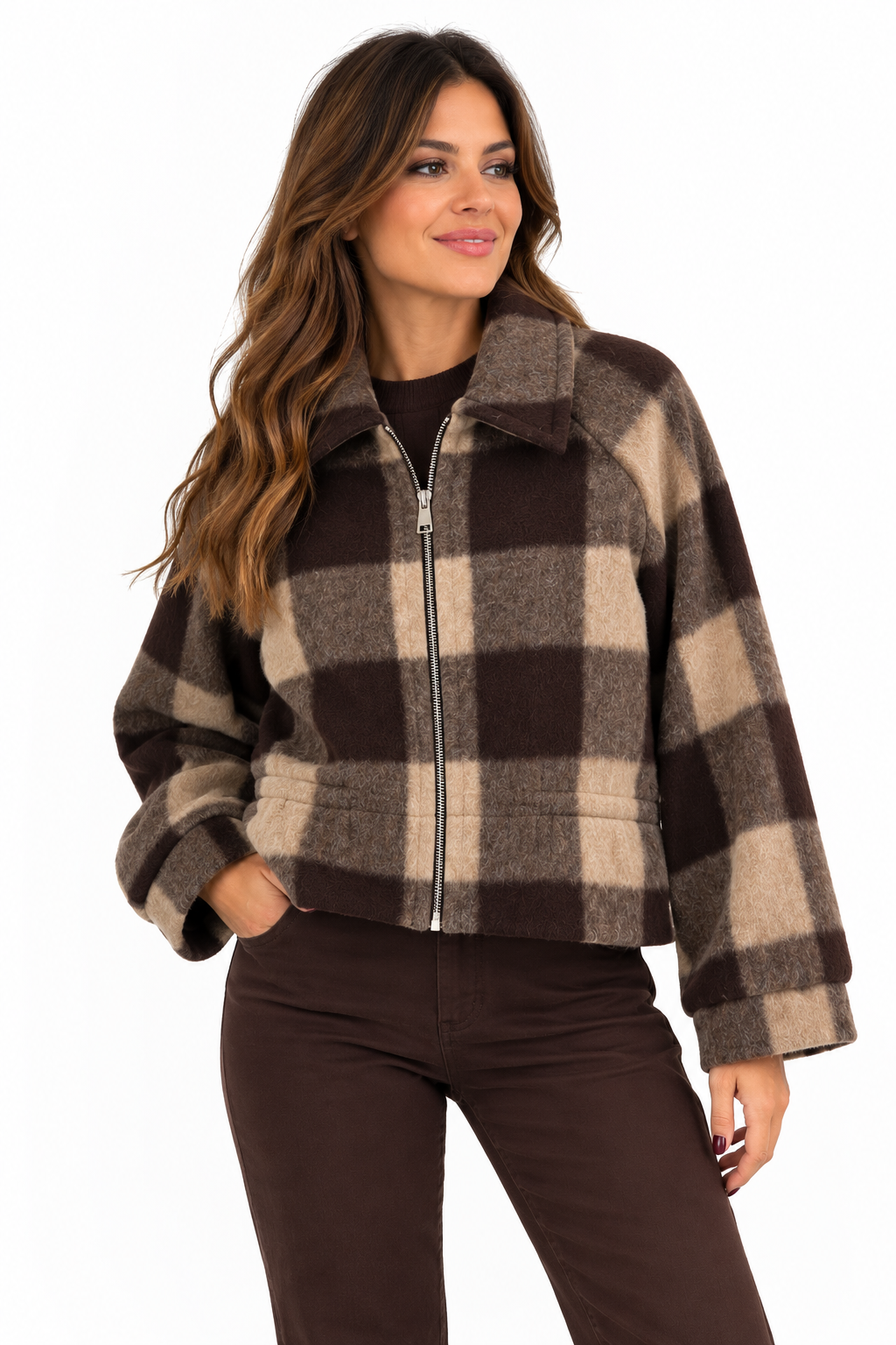 Cazadora de paño de cuadros marrón y beige para mujer
