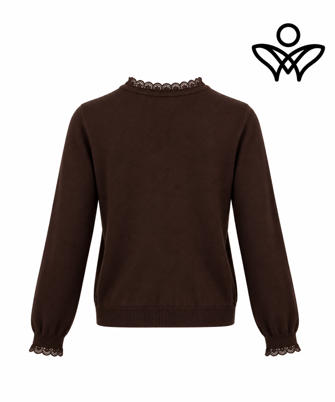 Jersey marrón chocolate de punto suave con puntilla en cuello y puños