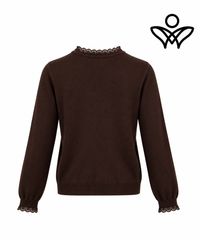 Jersey marrón chocolate de punto suave con puntilla en cuello y puños