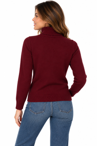 Jersey de punto burdeos para mujer con cuello alto vuelto