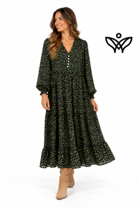 Vestido midi estampado verde y negro con escote en pico