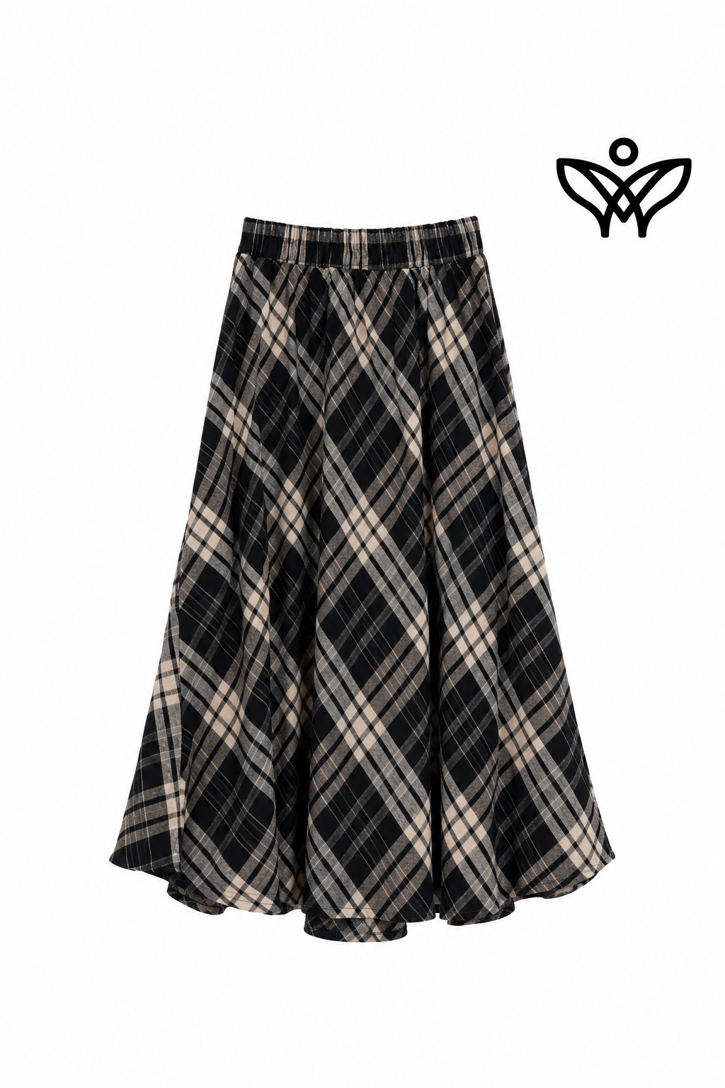 Falda midi de cuadros negros y beige de lana con bolsillos