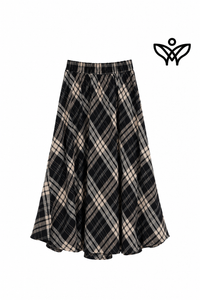 Falda midi de cuadros negros y beige de lana con bolsillos