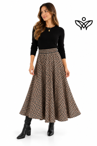 Falda midi de cuadros vichy beige y negra con cintura elástica
