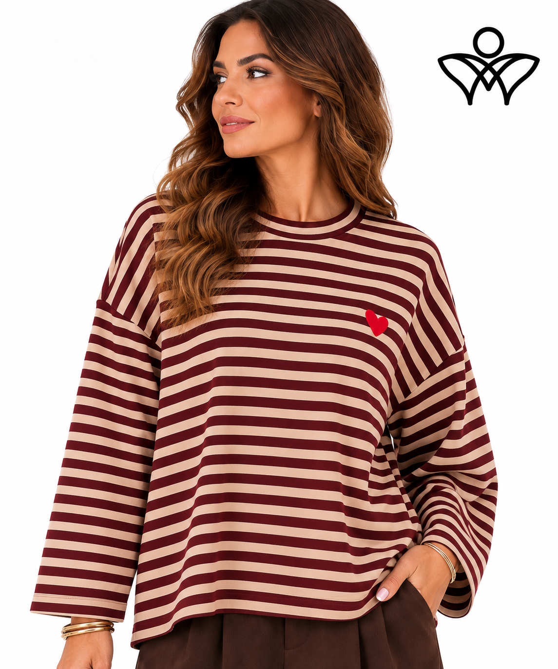 Sudadera de rayas burdeos y beige con corazón rojo de algodón