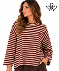 Sudadera de rayas burdeos y beige con corazón rojo de algodón