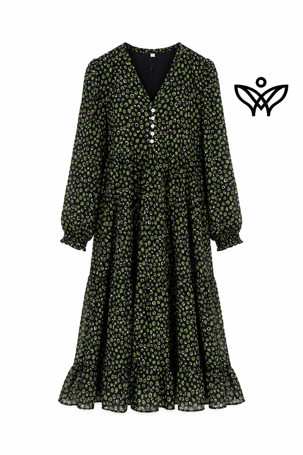 Vestido midi estampado verde y negro con escote en pico