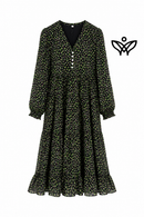 Vestido midi estampado verde y negro con escote en pico