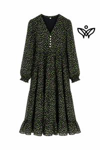 Vestido midi estampado verde y negro con escote en pico