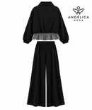 Conjunto de mujer negro de algodón con sudadera de cuadros y pantalón ancho