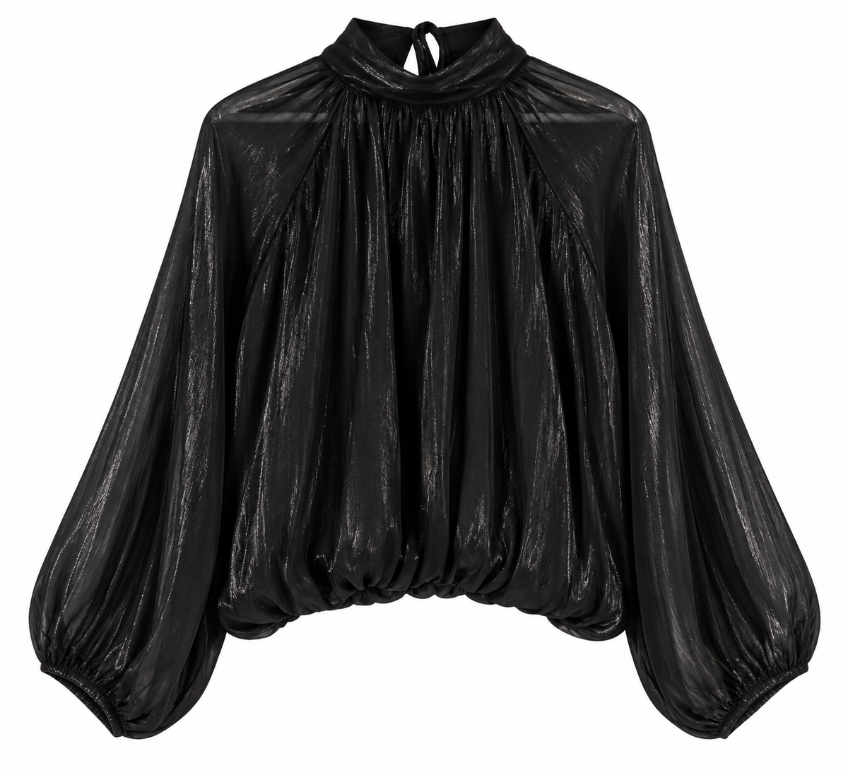Blusa satinada negra de mujer con cuello perkins y manga abullonada