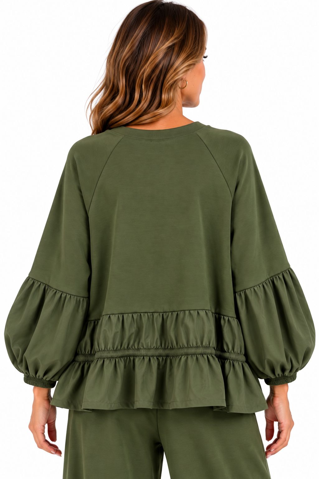 Conjunto de mujer verde militar de algodón con sudadera de volante y pantalón jogger