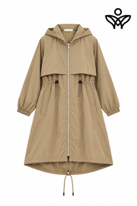 Trench gabardina beige con capucha y cintura ajustable