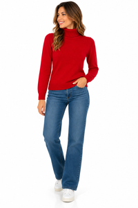 Jersey de punto rojo para mujer con cuello alto vuelto
