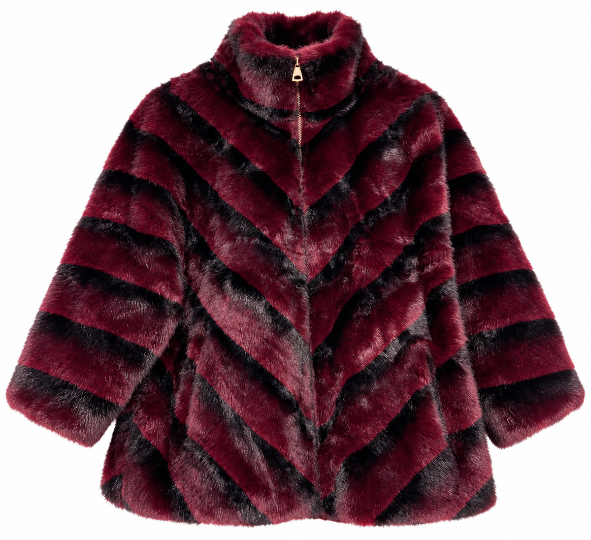 Chaqueta de pelo sintético burdeos y negro para mujer con cremallera