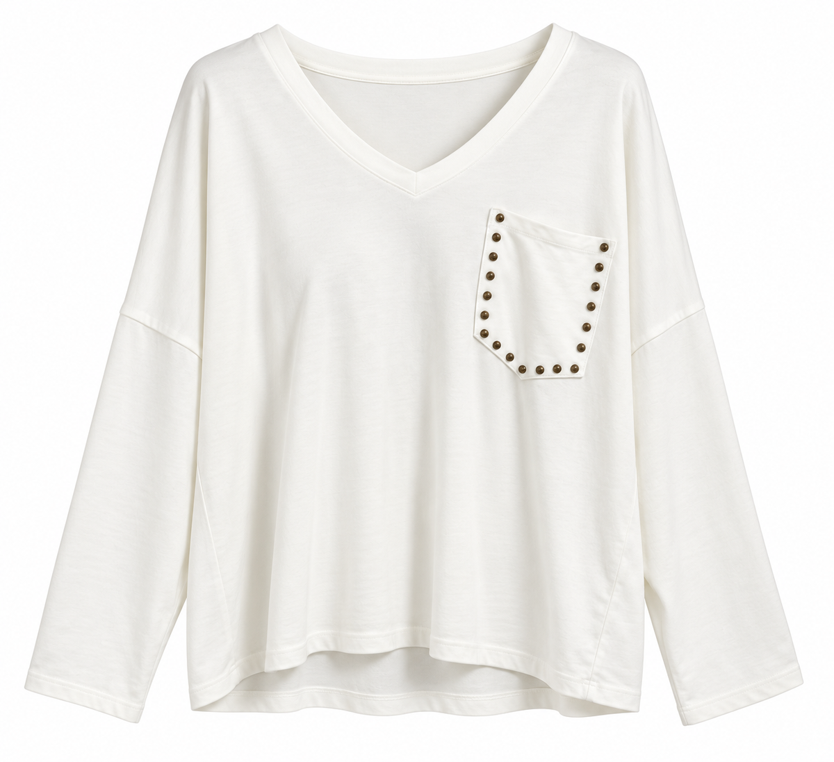 Sudadera blanca de mujer de algodón con cuello pico y bolsillo con tachuelas plateadas