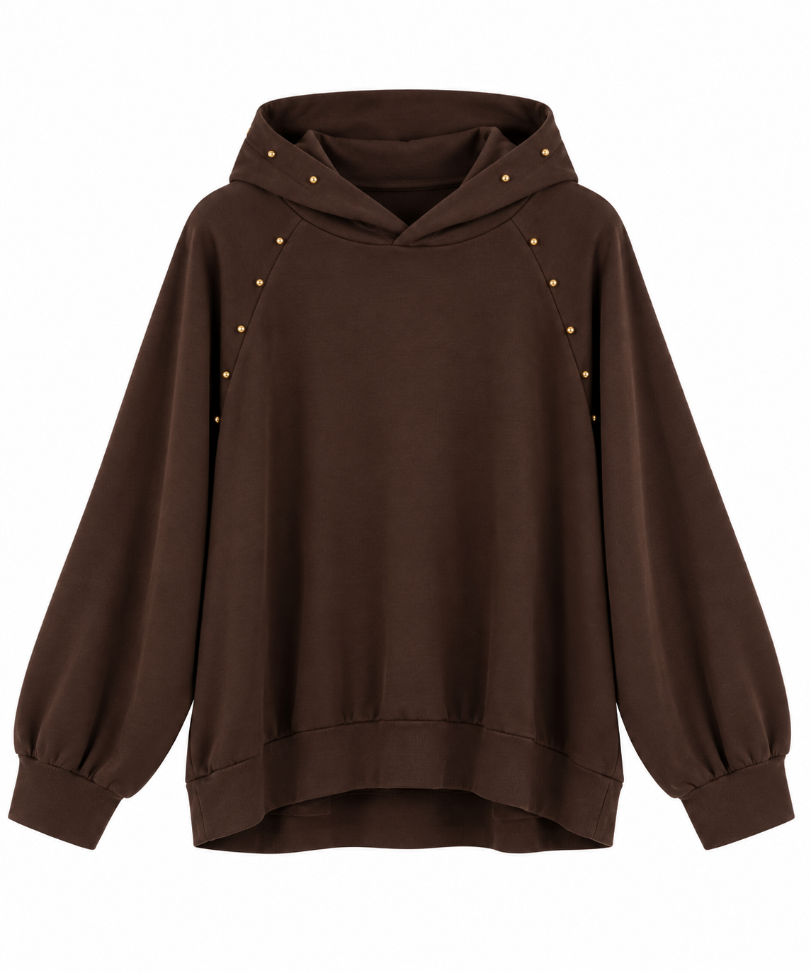 Sudadera de mujer marrón chocolate con capucha y detalles dorados