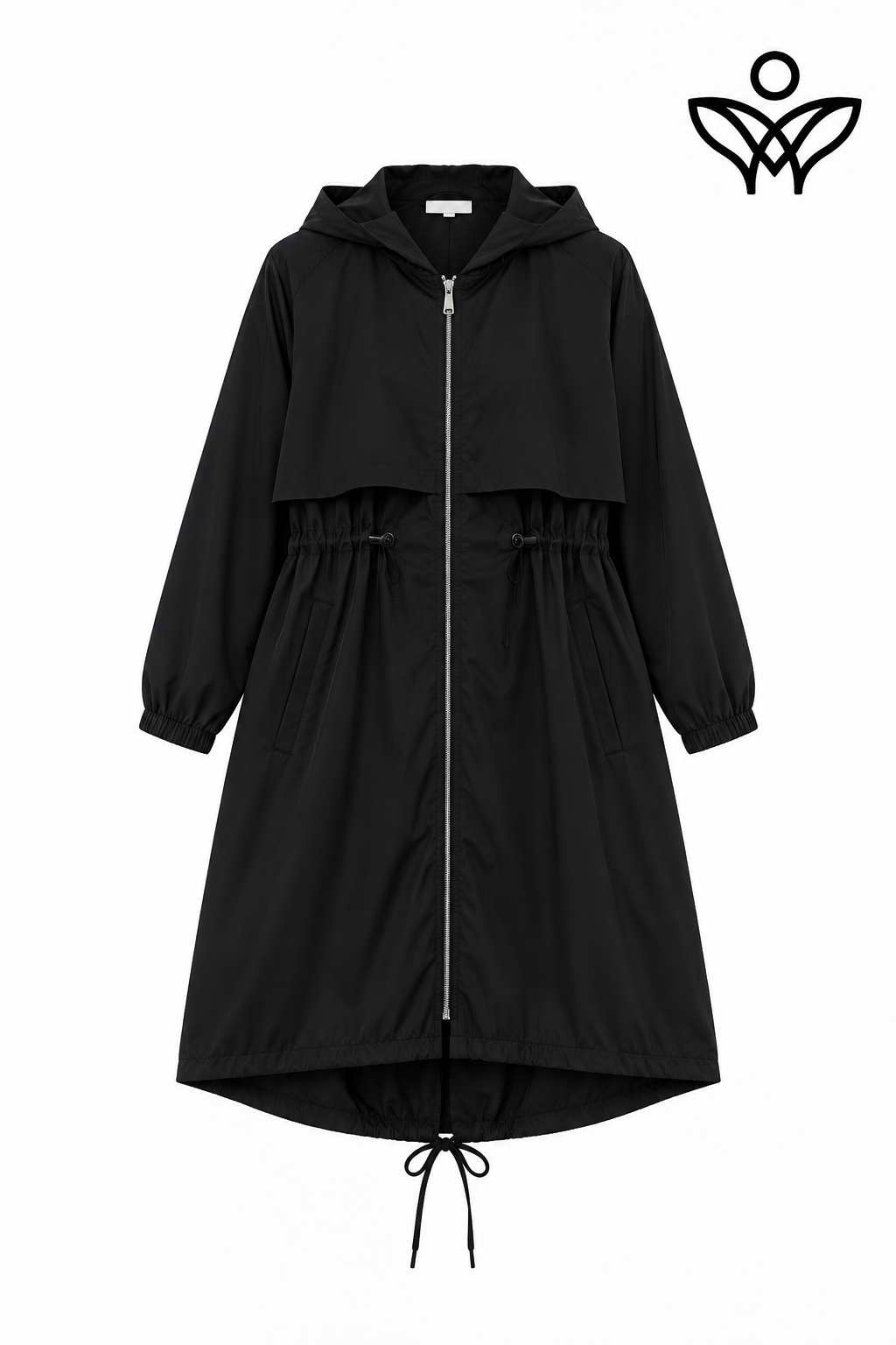 Trench gabardina negra con capucha, cintura ajustable y bolsillos