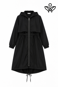 Trench gabardina negra con capucha, cintura ajustable y bolsillos