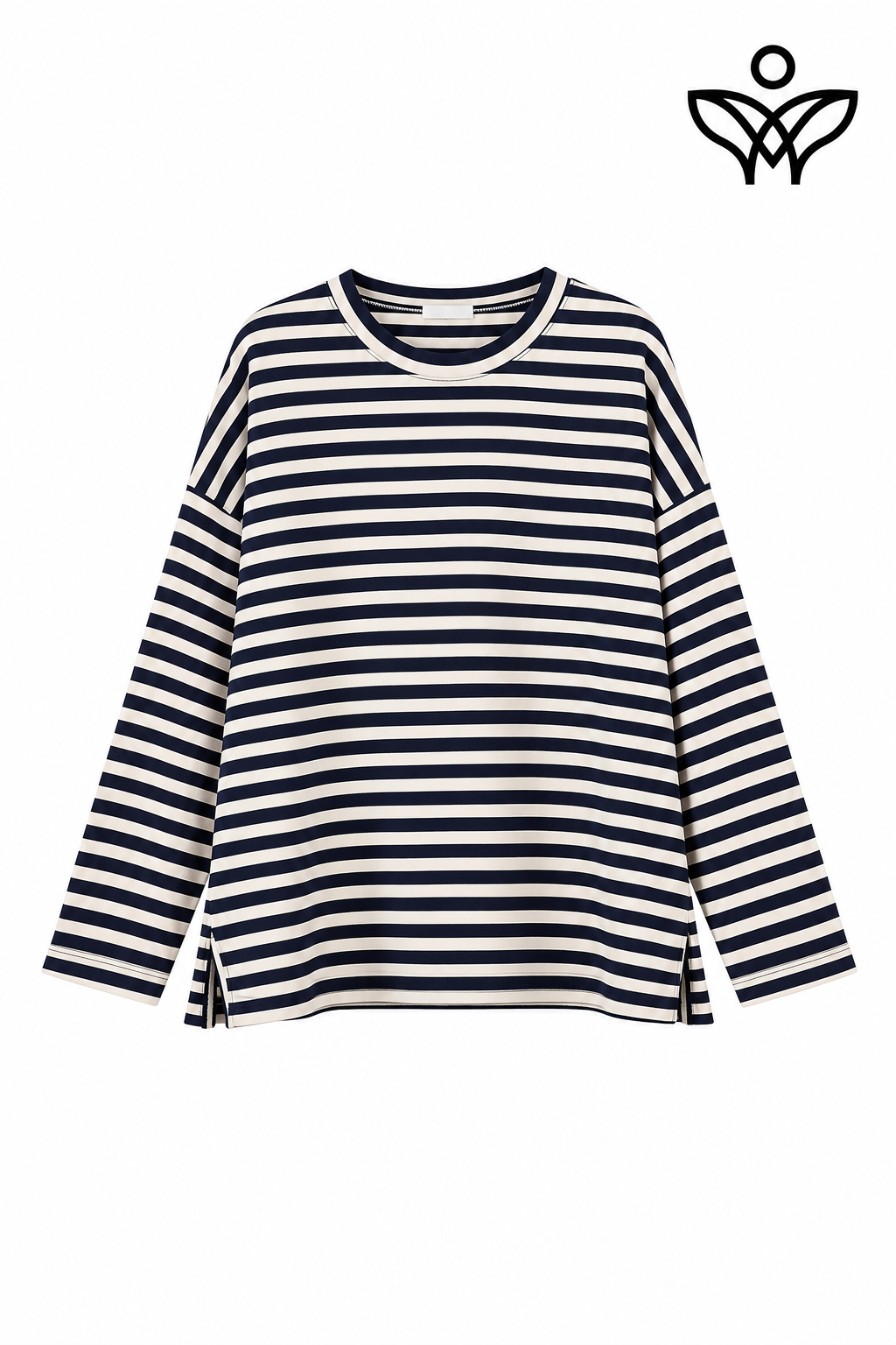 Camiseta de rayas marino y beige de manga larga con aberturas laterales