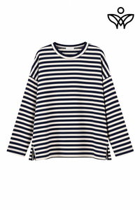 Camiseta de rayas marino y beige de manga larga con aberturas laterales