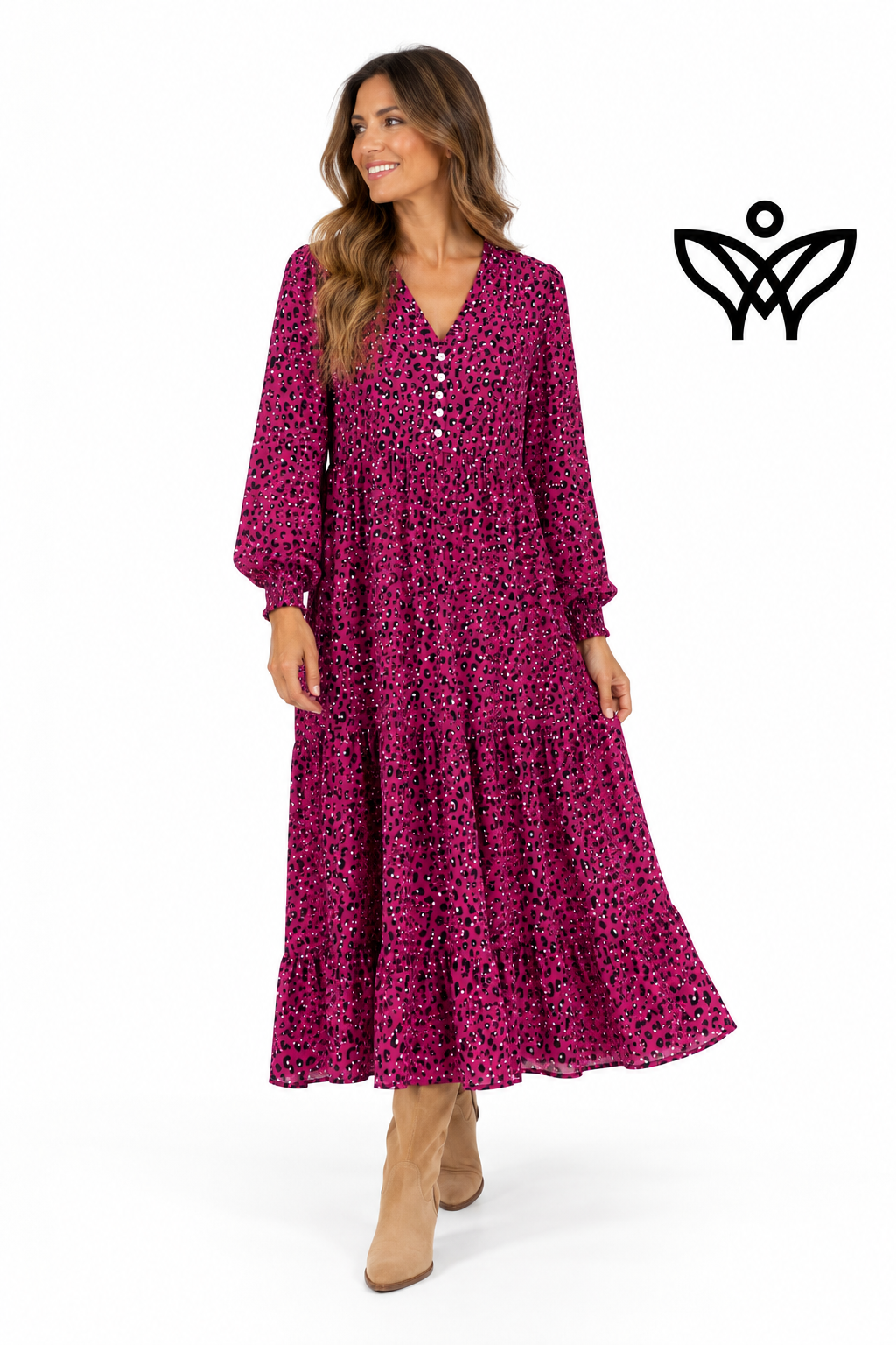 Vestido midi estampado berenjena con escote en pico y volantes