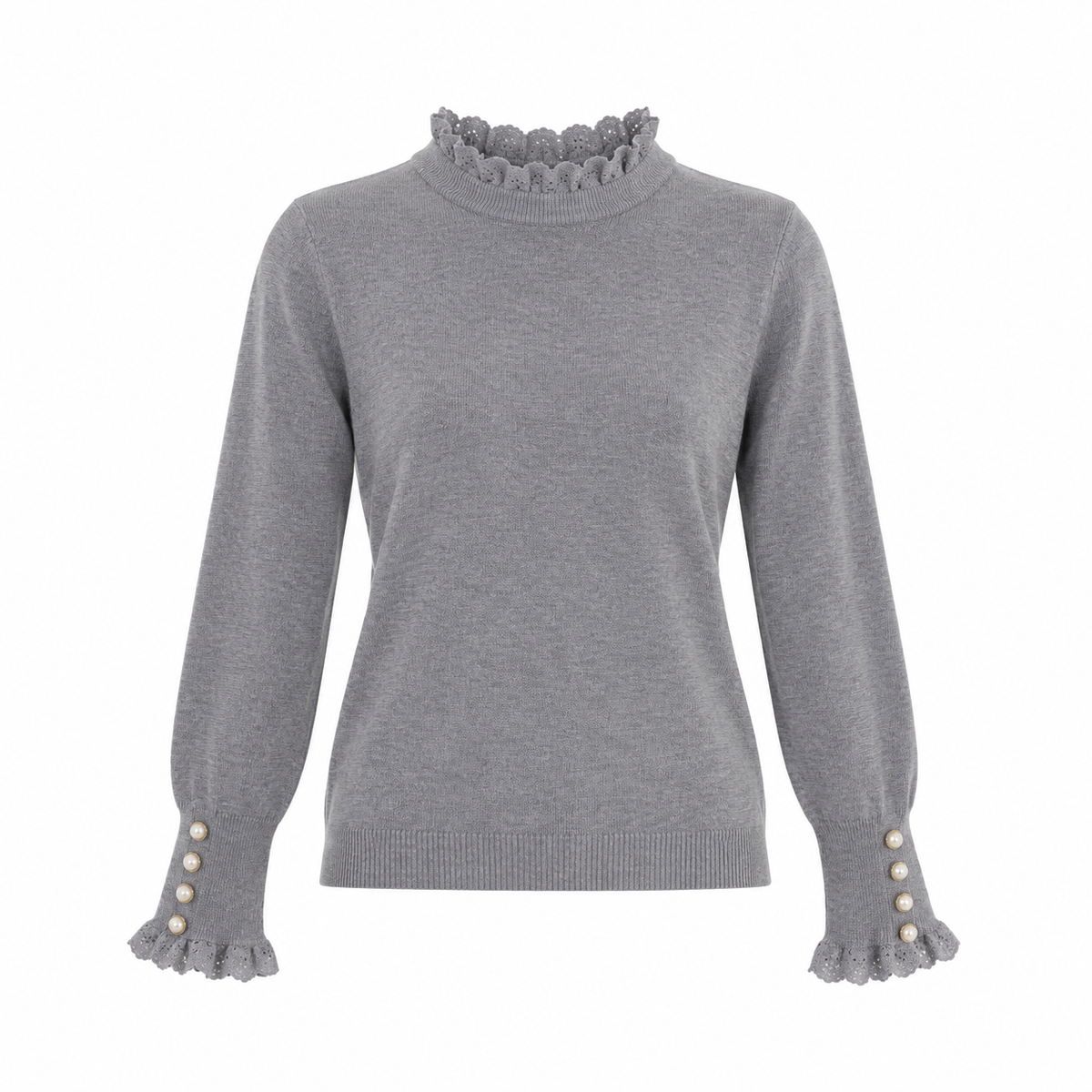 Jersey gris de mujer con volantes y botones de perlas