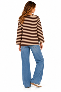 Sudadera de mujer a rayas beige y marrón chocolate con corazón rojo