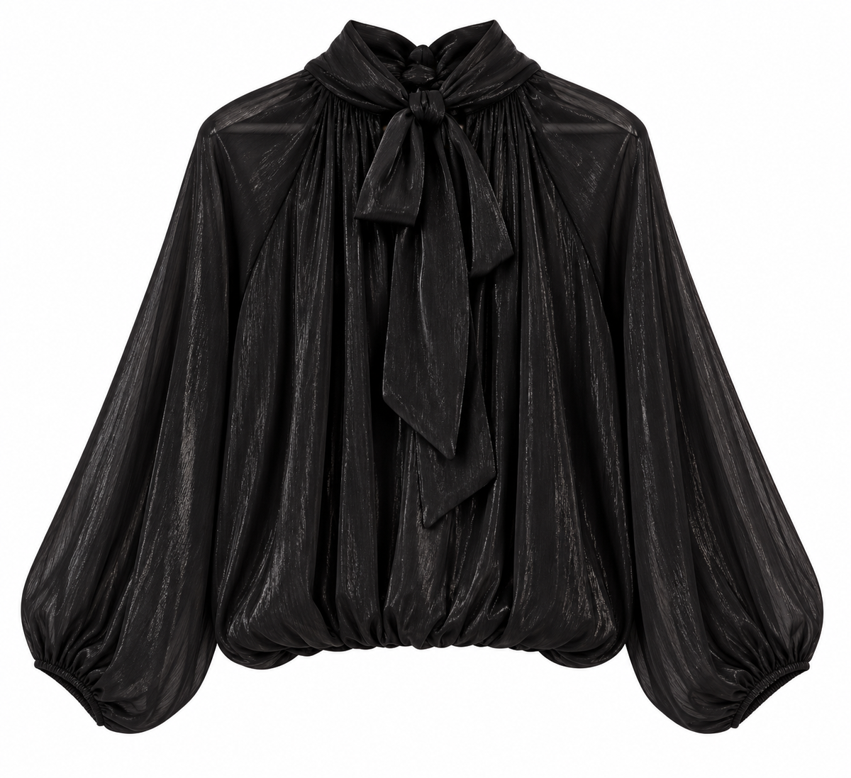 Blusa satinada negra de mujer con cuello perkins y manga abullonada