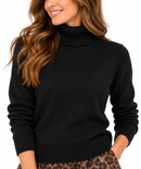 Jersey de punto negro para mujer con cuello alto vuelto