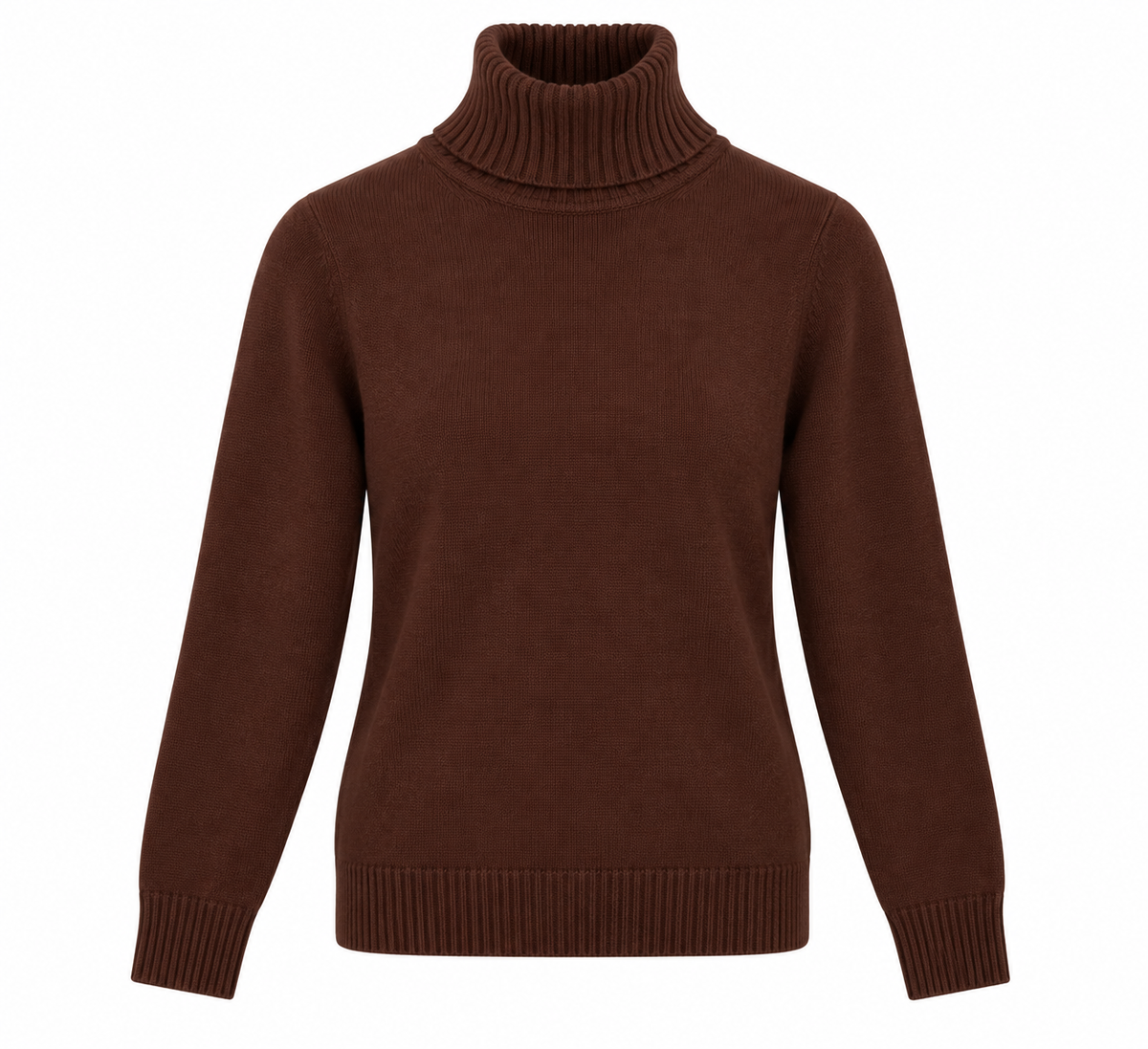 Jersey de punto marrón chocolate para mujer con cuello alto vuelto