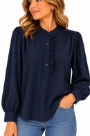 Camisa azul marino de mujer con cuello mao y volante delantero