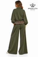 Conjunto de mujer verde militar de algodón con sudadera de cuadros y pantalón ancho